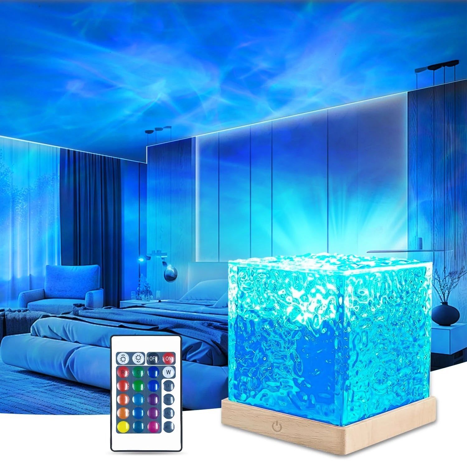 16 Colors Rechargeable Shower Light No Wiring, 16 Color Changeable Ocean Wave Projector Light, Shower Lamp with Remote, Rotating Flame Water Ripple Lamp for Shower, Bathroom, Bedroom Decor